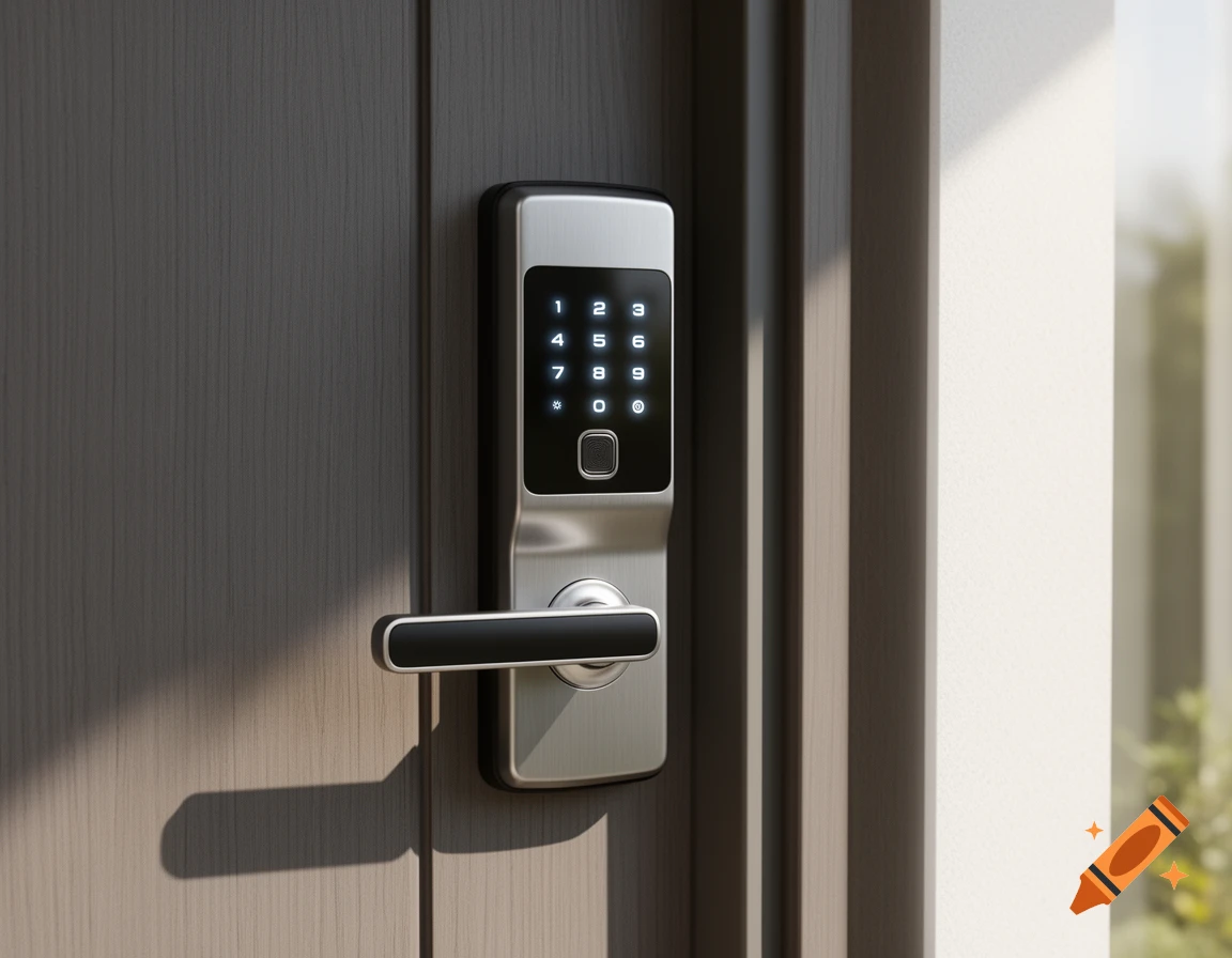 מנעול דיגיטלי מודרני עם מקלדת מוארת וקורא טביעת אצבע על דלת כניסה