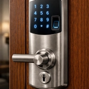 מנעול חכם מודרני עם מקלדת דיגיטלית מוארת וחיישן טביעת אצבע על דלת עץ