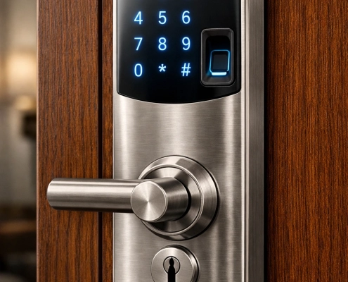 מנעול חכם מודרני עם מקלדת דיגיטלית מוארת וחיישן טביעת אצבע על דלת עץ