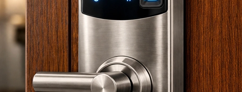 מנעול חכם מודרני עם מקלדת דיגיטלית מוארת וחיישן טביעת אצבע על דלת עץ