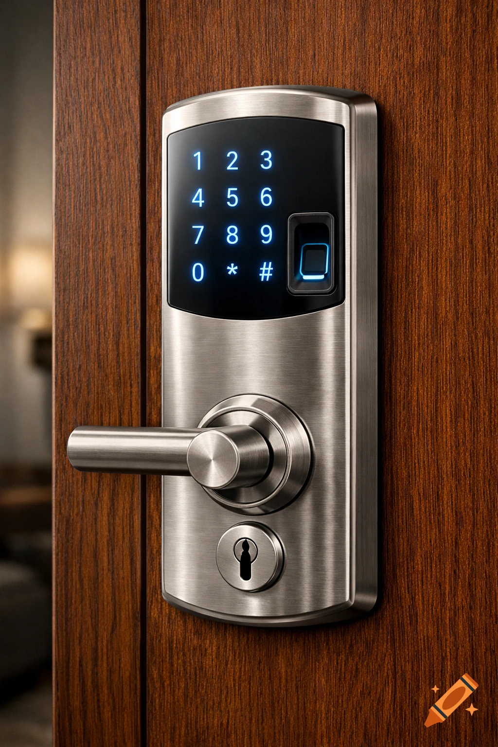 מנעול חכם מודרני עם מקלדת דיגיטלית מוארת וחיישן טביעת אצבע על דלת עץ
